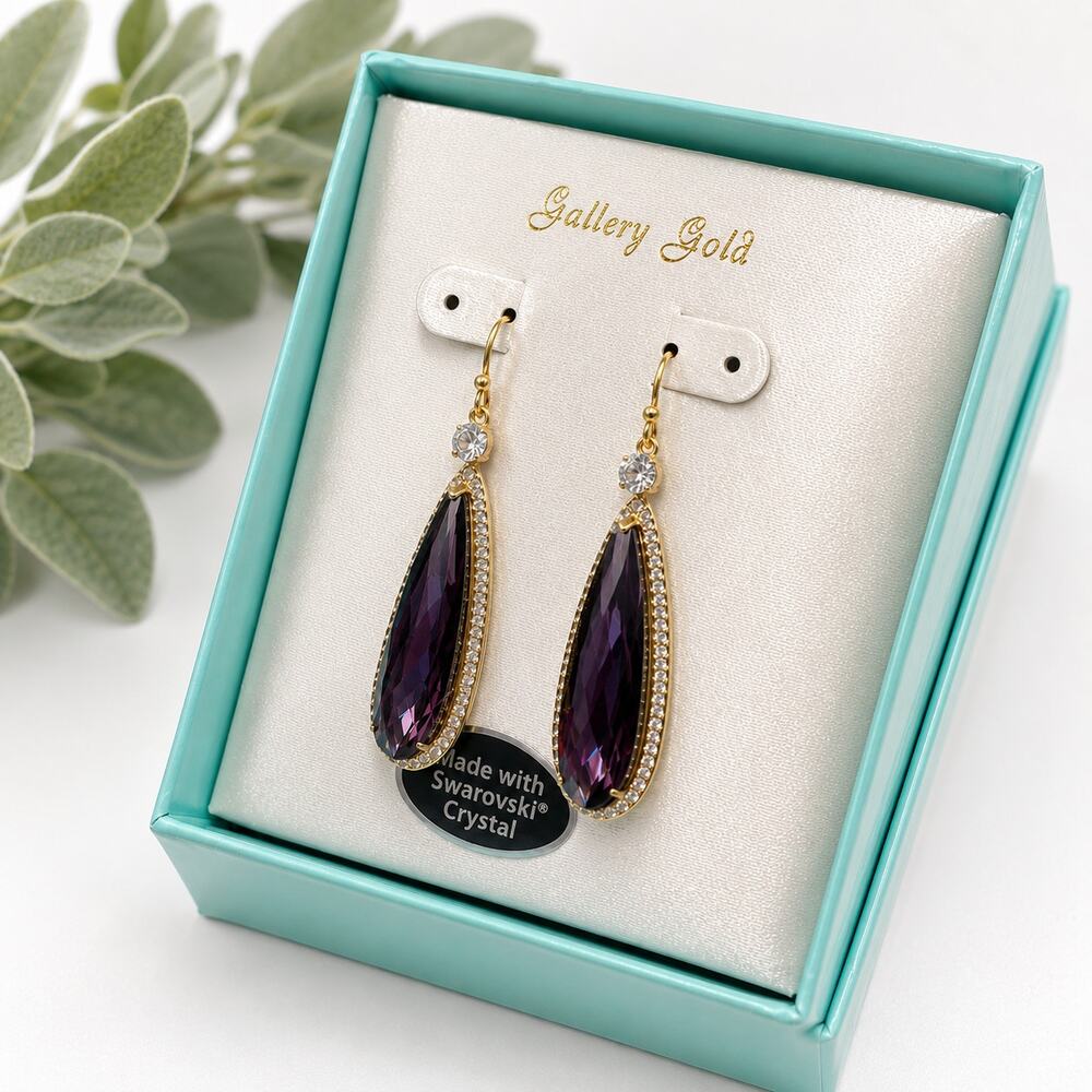 Swarovski Purple Crystal Teardrop Dangle Earrings Gold Tone NIB Gift Box